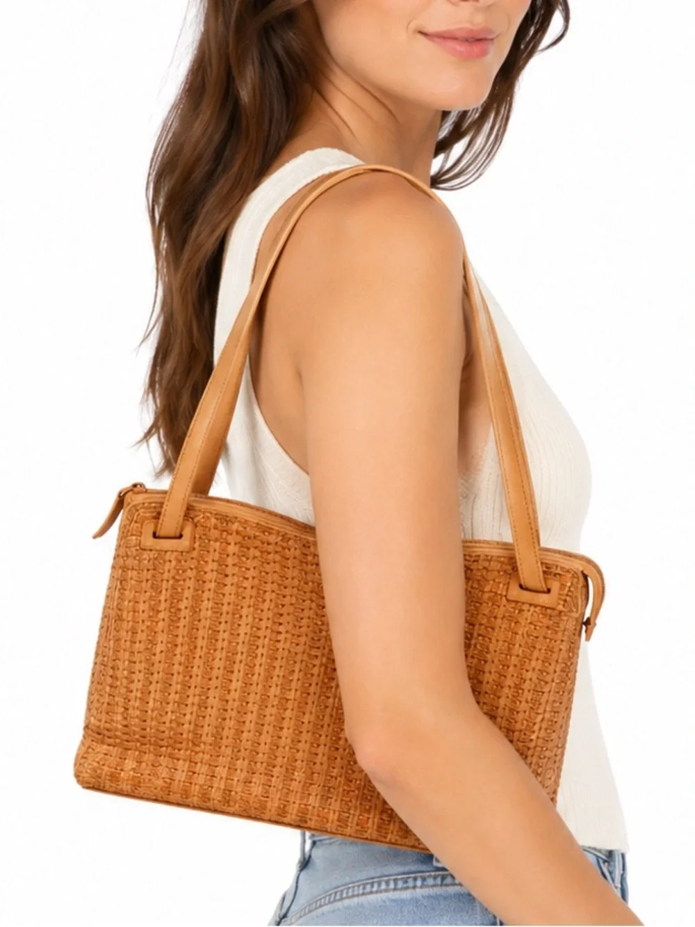 Fossil Vintage Beige Y2K Classic Chic Woven Leather Shoulder Bag Purse